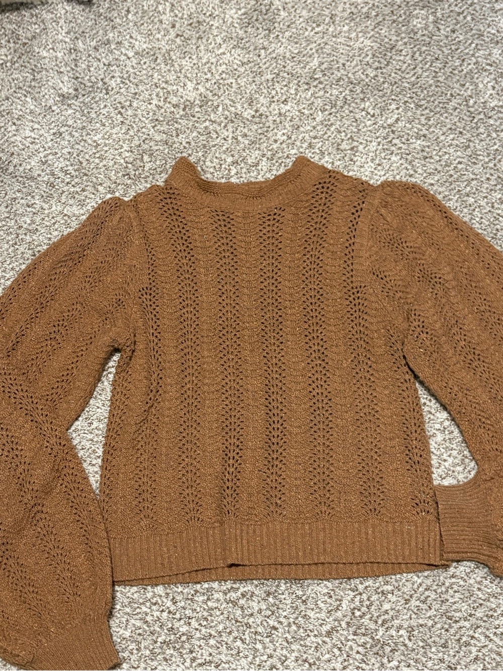Astr Open-Knit Puff Sleeve Crewneck Sweater - Brown